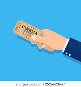 Holds tickets in hand. Man shows a ticket. Access entertainment, cinema, theater concert. Pass permission. Vector illustration in flat style