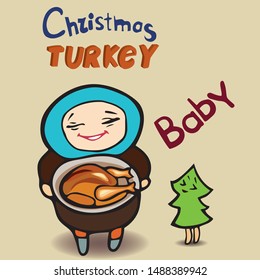 Сhild holds a tray with turkey in his hands, next to each other is a Christmas tree. Congratulation for the Thanksgiving holiday, for Christmas. In color