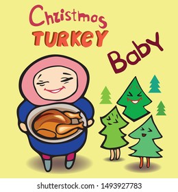 Сhild holds a tray with turkey in his hands, next to each other is a Christmas tree. Congratulation for the Thanksgiving holiday, for Christmas. For postcard