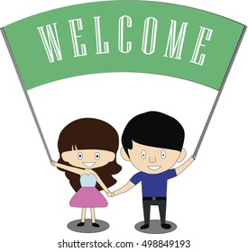 Holds a welcome sign