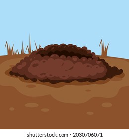 Hole animal in the ground, burrow, pile dirt. Vector illustration cartoon style