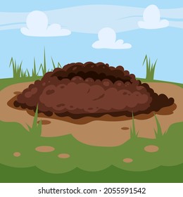 Hole animal in the ground, burrow ground works digging, pile dirt. Vector illustration cartoon style