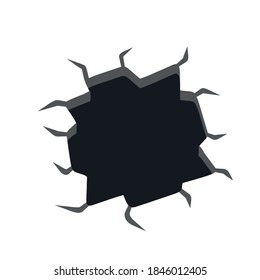 Hole. Black and white drawing. Breakage and damage. The background element. Cartoon illustration. Crack in wall