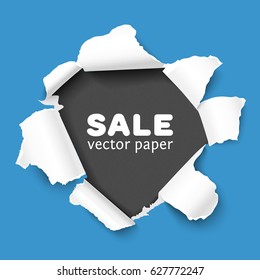 Hole in blue paper with torn sides over dark gray textured paper background with space for text. Realistic vector torn paper with ripped edges.. Torn paper template, graphics.