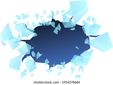 Hole breaking, ice crack, surface background, isolated on white, destruction damage, design, flat style vector illustration.