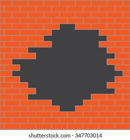 Hole in brick wall orange. Banner template business, building stonewall structure. Vector art design abstract unusual fashion illustration