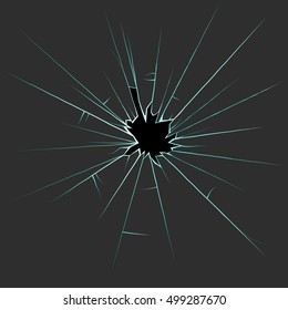 hole in the broken glass with cracks. splinters and sharp edges.