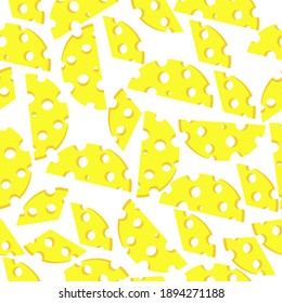 Hole cheese seamless pattern on white background, cheese pieces large and small for design illustration