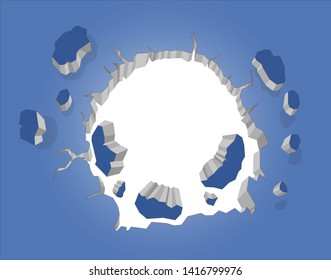 Hole with cracks. Damage surface. Broken wall with scattered fragments