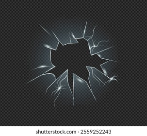 Hole with cracks on screen or glass with fractures, smashed or cracked window with sharp edges. Vector realistic shattered background or breaking frame surface. Crime and anger, vandalism