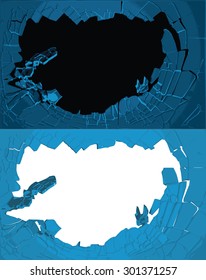Hole cracks in the wall. Broken ice or glass template for a content. Cleft, crushed, flaw vector illustration.