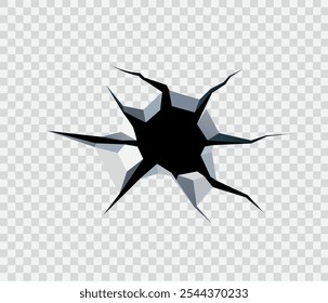 Hole with cracks in the wall on a transparent background. Vector illustration