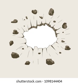 Hole in the crushed wall. Damage ground. Earth cracks. Breake land earthquake. Vector