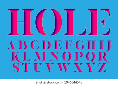 Hole - display stencil serif antique font. Color paper cut typeface alphabet.