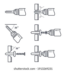 Icono de perforación de taladros - conjunto de herramientas de perforación y proceso de perforación, guía de ajuste de tornillos 