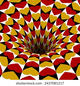 Hole with falling red and golden hearts symbols. Vector optical illusion background.