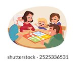 Hole family seats by table and plays table games together. Family members relatives having fun while playing board game. Spending time playing tabletop games. Vector illustration. Family dinner