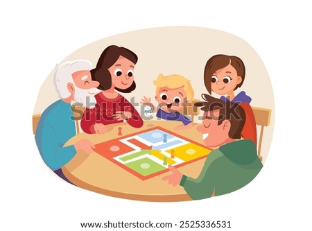 Hole family seats by table and plays table games together. Family members relatives having fun while playing board game. Spending time playing tabletop games. Vector illustration. Family dinner