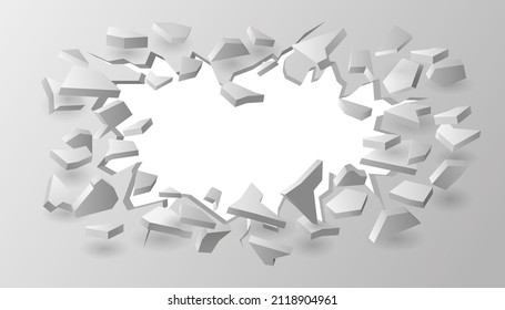 Hole in gray wall with flying debris. Hard impact shattered surface with falling geometric vector fragments.