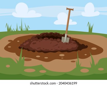 Hole in the ground, burrow ground works digging, pile dirt. Vector illustration cartoon style