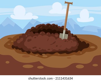 Hole in the ground, burrow ground works digging, pile dirt. Vector illustration cartoon style