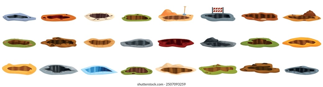 Hole ground icons set. Collection of various holes in the ground, representing construction, mining, or landscaping