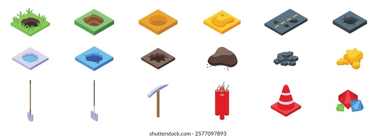 Hole ground icons set. Isometric icons illustrate various types of holes, digging tools, and extracted materials, representing mining, construction, and ground works