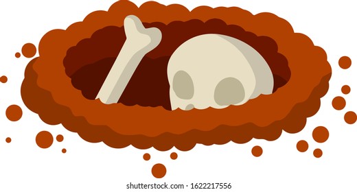 Hole In Ground. Skull And Bone Of Man In Grave. Skeleton, Burial And Entombment. Scary Element Of Halloween. Cartoon Flat Illustration. Archaeology And Excavations