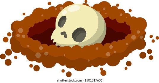 Hole in ground. Skull of man in grave. Archaeology and excavations. Skeleton, burial and entombment. Scary element of Halloween. Cartoon flat illustration