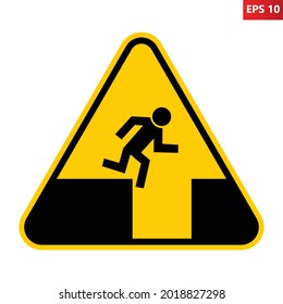 Hole in ground warning sign. Vector illustration of yellow triangle sign with man falling into deep excavation. Risk of death or injury. Large crater symbol. Do not jump.