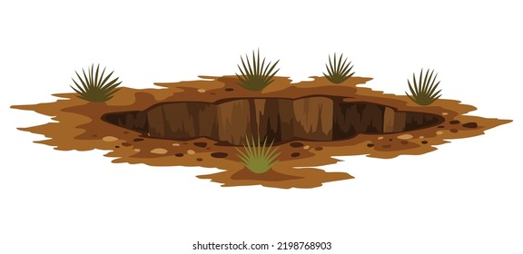 Suelo de agujero. Trabaja en la excavación de rocas o grava con desechos de carbón de arena. Marrón, elemento de la mina seca del paisaje. Ilustración de dibujos animados