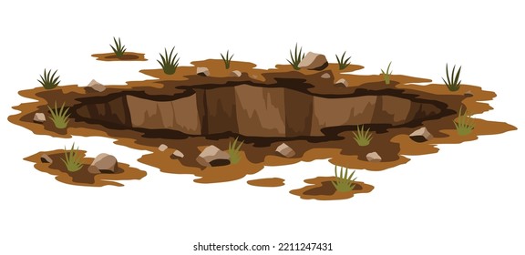 Hole ground. Works digging of sand coal waste rock or gravel. Brown, dry mine element of landscape. Cartoon illustration