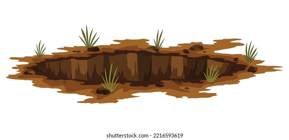 Hole ground. Works digging of sand coal waste rock or gravel. Brown, dry mine element of landscape. Cartoon illustration