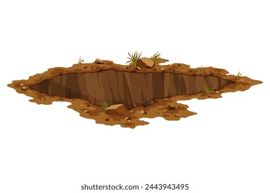 Hole ground. Works digging of sand coal waste rock or gravel. Brown, dry mine element of landscape. Cartoon illustration