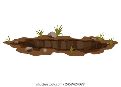 Hole ground. Works digging of sand coal waste rock or gravel. Brown, dry mine element of landscape. Cartoon illustration