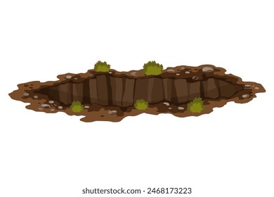 Hole ground. Works digging of sand coal waste rock or gravel. Brown, dry mine element of landscape. Cartoon illustration