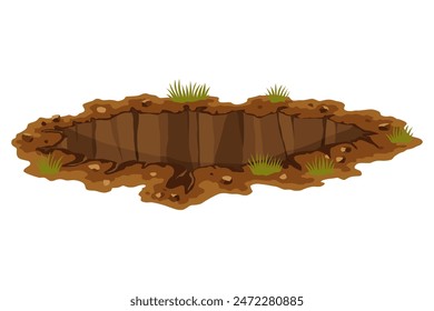 Hole ground. Works digging of sand coal waste rock or gravel. Brown, dry mine element of landscape. Cartoon illustration