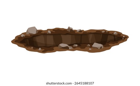 Hole ground. Works digging of sand coal waste rock or gravel. Brown, dry mine element of landscape. Cartoon illustration