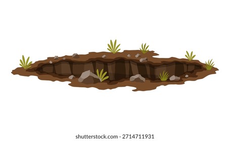 Agujero de tierra. Trabajos de excavación de arena, carbón, residuos de roca o grava. Marrón, elemento de mina seca del paisaje. Ilustración de dibujos animados