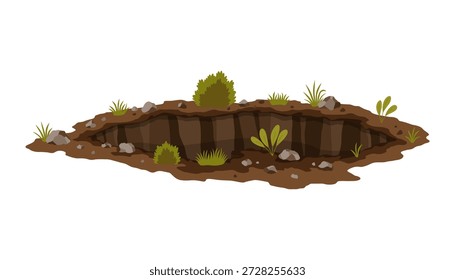 Bohrgrund. Arbeiten Graben von Sandkohle Abfall Felsen oder Kies. Braunes, trockenes Bergbauelement der Landschaft. Cartoon-Illustration