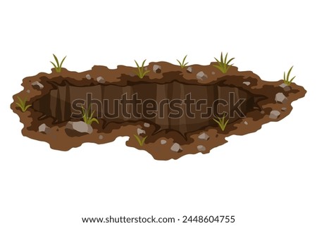 Hole ground. Works digging of sand coal waste rock or gravel. Brown, dry mine element of landscape. Cartoon illustration