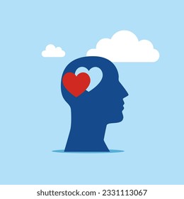 Hole in a head in the shape of heart. Love, instinct and romance concept. Flat vector illustration.