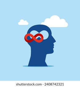 Hole in a head in the shape of never ending infinity loop. Business as usual no motivation or infinity loop routine job concept. Flat vector illustration