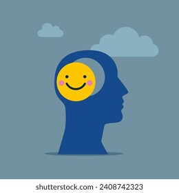 Hole in a head in the shape of smiling face emoji. Employee happiness, positive attitude. Flat vector illustration