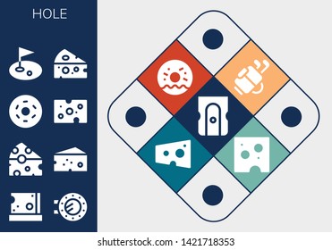 hole icon set. 13 filled hole icons.  Collection Of - Sharpener, Cheese, Porthole, Doughnut, Golf