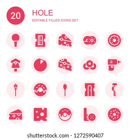 hole icon set. Collection of 20 filled hole icons included Golf ball, Sharpener, Cheese, Donut, Birdhouse, Doughnut, Drill, Auger, Golf