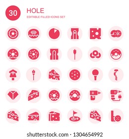 hole icon set. Collection of 30 filled hole icons included Donut, Cheese, Sharpener, Doughnut, Auger, Birdhouse, Golf ball, Sharpen, Drill, Golf