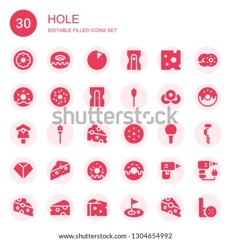 hole icon set. Collection of 30 filled hole icons included Donut, Cheese, Sharpener, Doughnut, Auger, Birdhouse, Golf ball, Sharpen, Drill, Golf