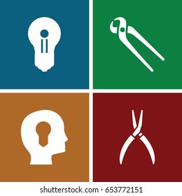 Hole icons set. set of 4 hole filled icons such as pliers, head with keyhole