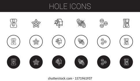 hole icons set. Collection of hole with sharpener, carambola, birdhouse, black hole, donuts. Editable and scalable icons.